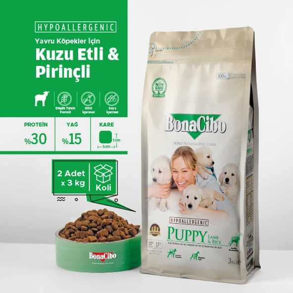 Bonacibo Puppy Lamb & Rice Yavru Köpekler İçin Kuzulu ve Hipoalerjenik Mama 3 kg x 2 Adet - 3