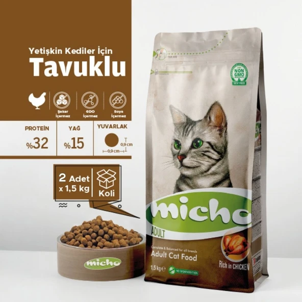 Micho 2 Adet 1,5 Kg. Yetişkin Kedi Maması Orijinal Kapalı Ambalaj - 2