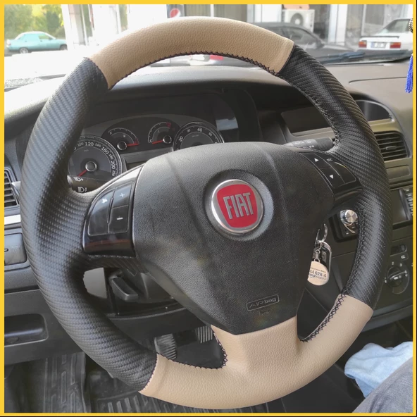Fiat Linea Tuşlu Araca Özel Direksiyon Kılıfı (Karbon Krem) - Resim 3