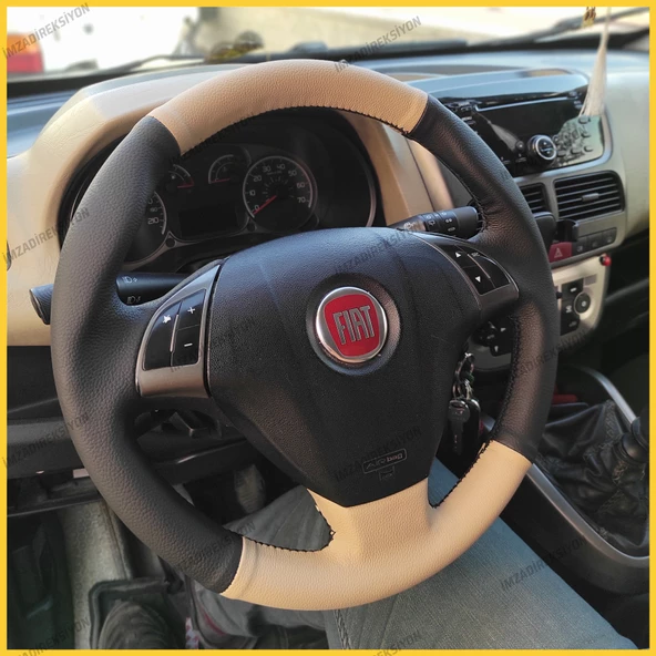 Fiat Linea Tuşlu Araca Özel Direksiyon Kılıfı (Mat Krem) - Resim 3