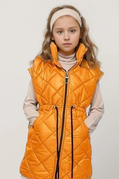 Kız Çocuk Kare Desenli Dikiş Detaylı Uzun Şişme Selective Sarı Yelek Boğazlı Kazak Pantolon Alt Üst Takım - 3