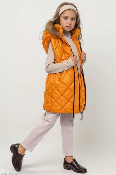 Kız Çocuk Kare Desenli Dikiş Detaylı Uzun Şişme Selective Sarı Yelek Boğazlı Kazak Pantolon Alt Üst Takım - 2