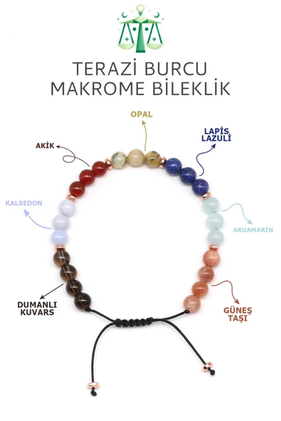 Terazi Burcu Taşlarından Oluşan Doğal Taş Makrome Bileklik 6 mm Küre Kesim - Burç Bilekliği ürün görseli 1