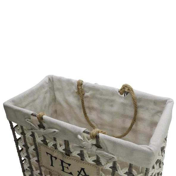 T.Concept Dekoratif Hasır Halatlı Zarif Telli Çok Amaçlı Dikdörtgen Sepet Gri-Beyaz Büyük (L) - 3