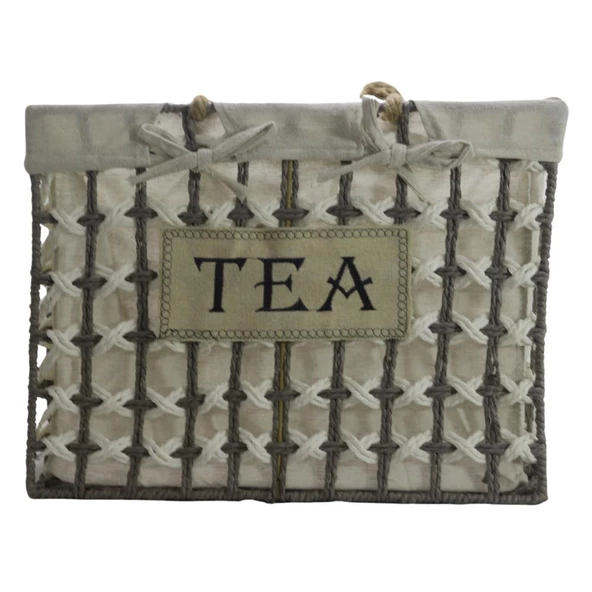 T.Concept Dekoratif Hasır Halatlı Zarif Telli Çok Amaçlı Dikdörtgen Sepet Gri-Beyaz Büyük (L) - 2