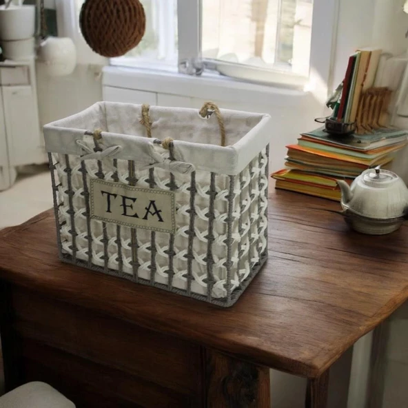 T.Concept Dekoratif Hasır Halatlı Zarif Telli Çok Amaçlı Dikdörtgen Sepet Gri-Beyaz Büyük (L) - 4