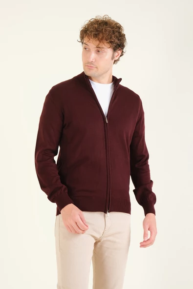 Erkek Dik Yaka Fermuarlı Hırka Bordo ürün görseli 1