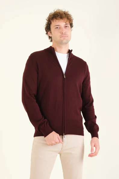 Erkek Dik Yaka Fermuarlı Hırka Bordo - Resim 2