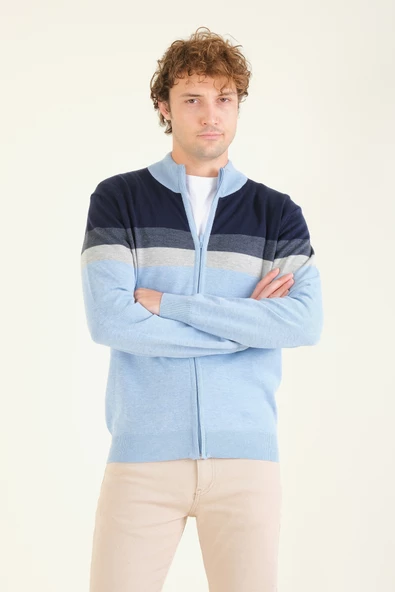 Erkek Dik Yaka Fermuarlı Renki Hırka Mavi - 2