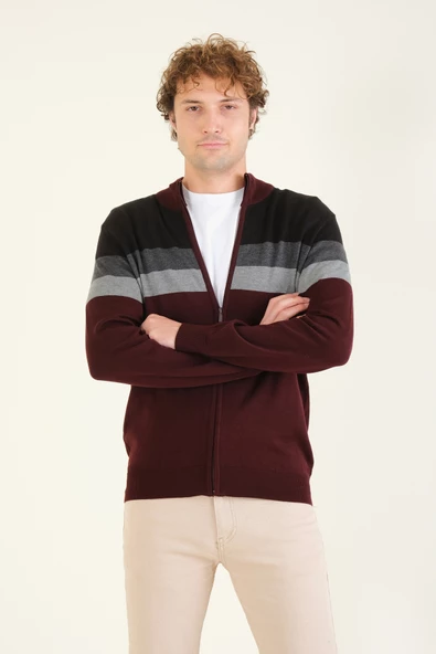 Erkek Dik Yaka Fermuarlı Renki Hırka Bordo - 2