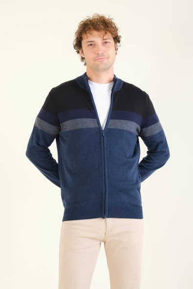 Erkek Dik Yaka Fermuarlı Renki Hırka İndigo - 4