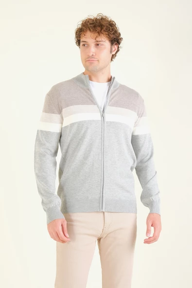 Erkek Dik Yaka Fermuarlı Renki Hırka Gri - 3