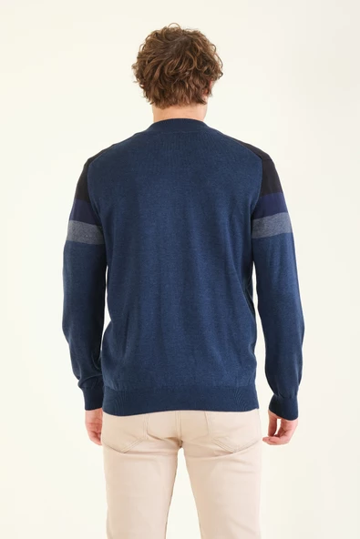 Erkek Dik Yaka Fermuarlı Renki Hırka İndigo - 6