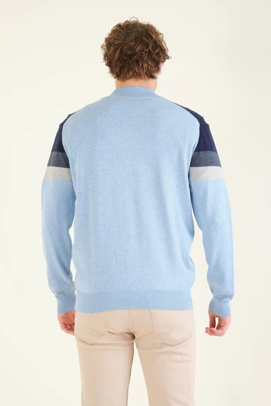 Erkek Dik Yaka Fermuarlı Renki Hırka Mavi - 6