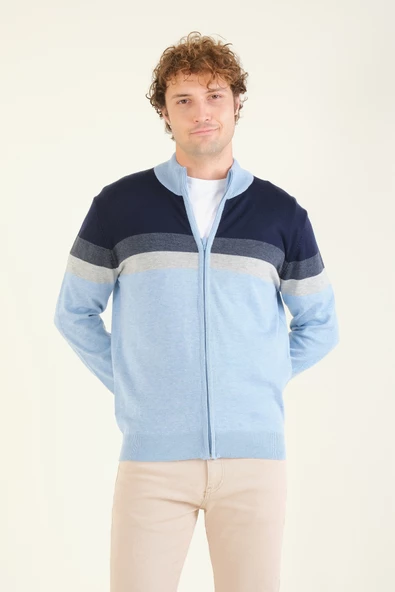 Erkek Dik Yaka Fermuarlı Renki Hırka Mavi - 4