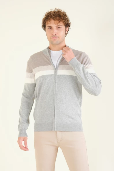 Erkek Dik Yaka Fermuarlı Renki Hırka Gri - 2