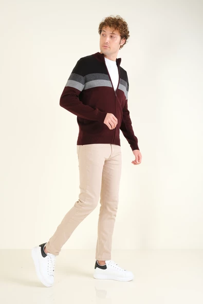 Erkek Dik Yaka Fermuarlı Renki Hırka Bordo - 5