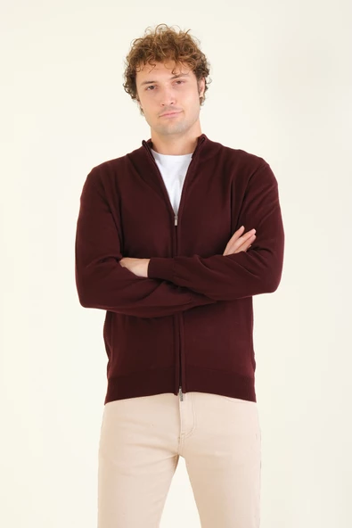 Erkek Dik Yaka Fermuarlı Hırka Bordo - Resim 4