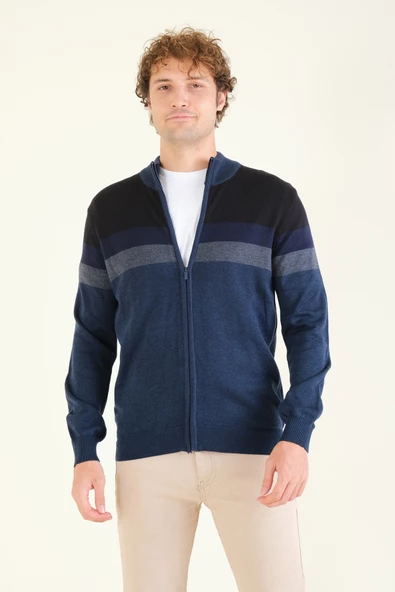 Erkek Dik Yaka Fermuarlı Renki Hırka İndigo