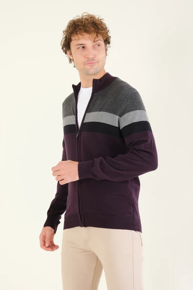 Erkek Dik Yaka Fermuarlı Renki Hırka Mor - 5