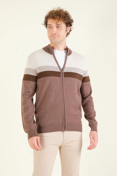 Erkek Dik Yaka Fermuarlı Renki Hırka Kahverengi - Resim 2