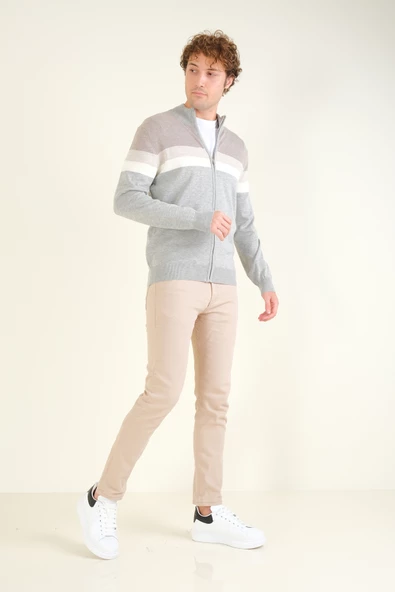 Erkek Dik Yaka Fermuarlı Renki Hırka Gri - 5