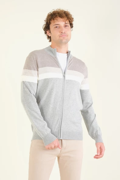 Erkek Dik Yaka Fermuarlı Renki Hırka Gri - 4