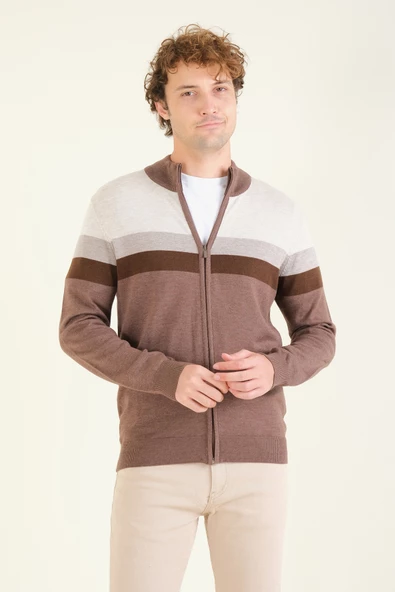 Erkek Dik Yaka Fermuarlı Renki Hırka Kahverengi - Resim 3