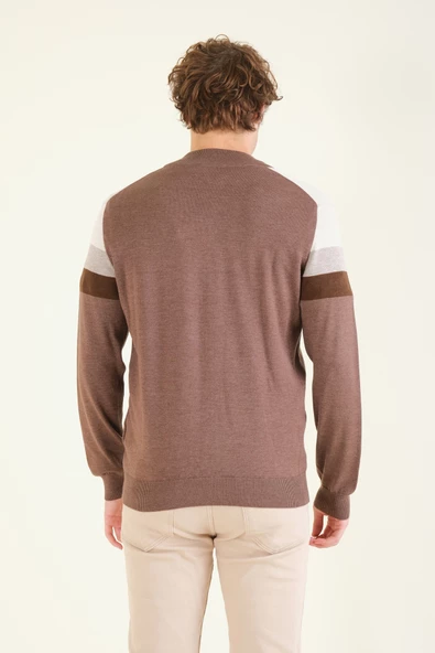 Erkek Dik Yaka Fermuarlı Renki Hırka Kahverengi - Resim 6