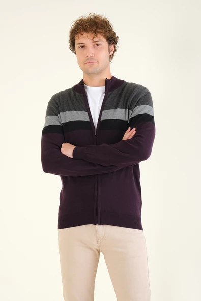 Erkek Dik Yaka Fermuarlı Renki Hırka Mor - 4