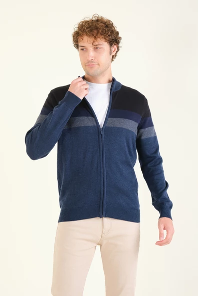 Erkek Dik Yaka Fermuarlı Renki Hırka İndigo - 3