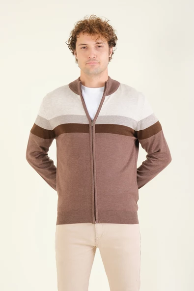 Erkek Dik Yaka Fermuarlı Renki Hırka Kahverengi - Resim 4