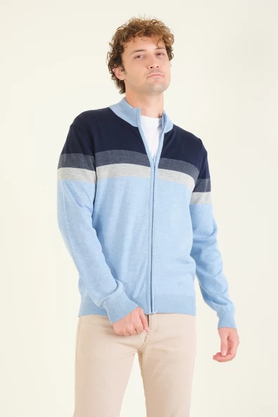 Erkek Dik Yaka Fermuarlı Renki Hırka Mavi - 3