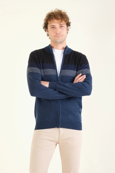 Erkek Dik Yaka Fermuarlı Renki Hırka İndigo - 2