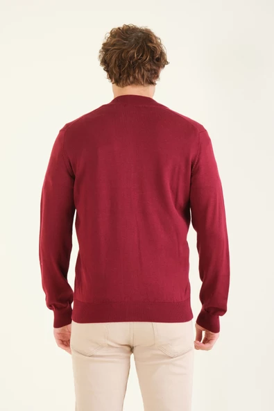 Erkek Dik Yaka Fermuarlı Hırka Kırmızı - 6