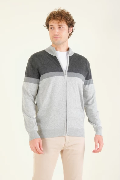 Erkek Dik Yaka Fermuarlı Renki Hırka Antrasit - 4