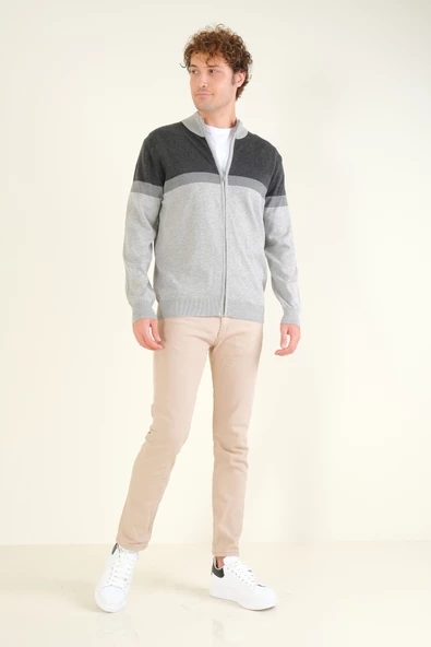 Erkek Dik Yaka Fermuarlı Renki Hırka Antrasit - 5