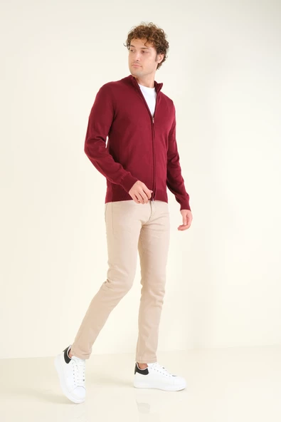 Erkek Dik Yaka Fermuarlı Hırka Kırmızı - 5