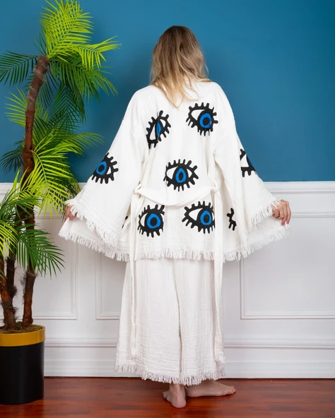 Pantolon-Ceket Takım  - Beyaz Kumaş Mavi Göz Desen Baskılı - 3