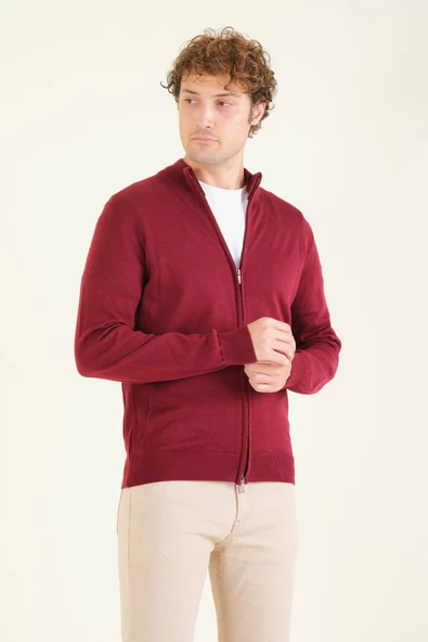 Erkek Dik Yaka Fermuarlı Hırka Kırmızı - 3