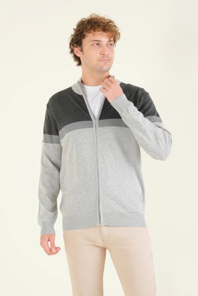 Erkek Dik Yaka Fermuarlı Renki Hırka Antrasit - 2