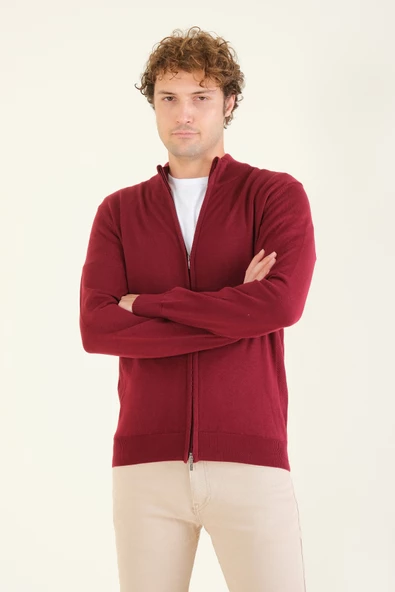 Erkek Dik Yaka Fermuarlı Hırka Kırmızı - 4