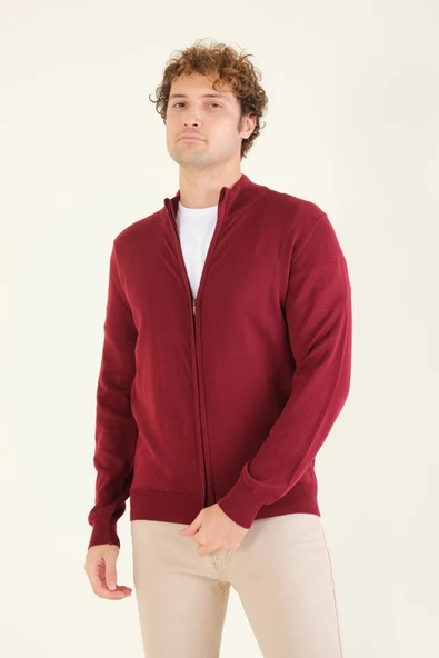 Erkek Dik Yaka Fermuarlı Hırka Kırmızı - 2