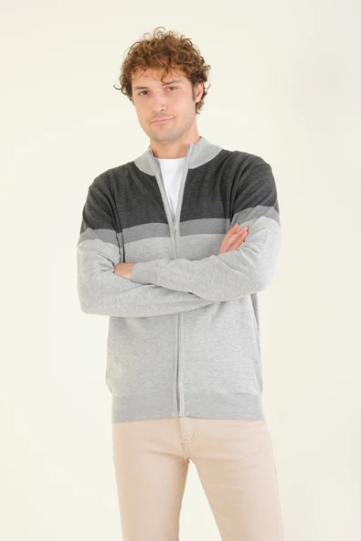 Erkek Dik Yaka Fermuarlı Renki Hırka Antrasit - 3