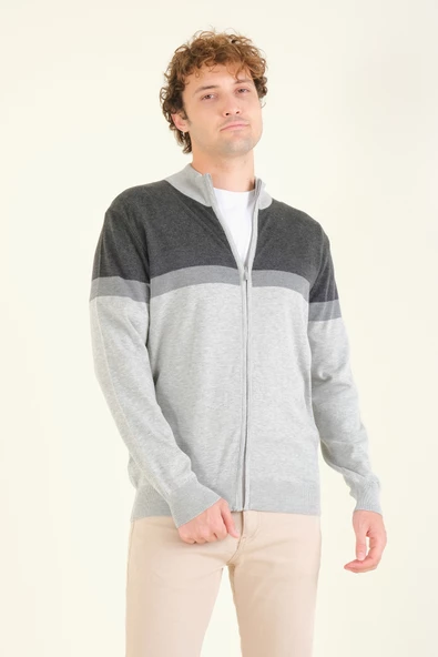 Erkek Dik Yaka Fermuarlı Renki Hırka Antrasit