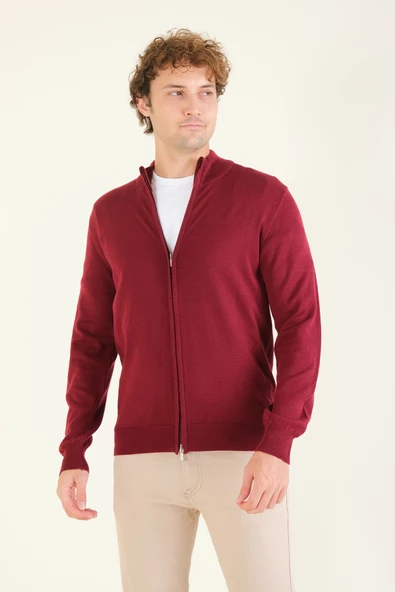 Erkek Dik Yaka Fermuarlı Hırka Kırmızı