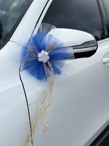 5 Adet Beyaz Mavi Kristal Tül Beyaz Latex Gül Doğal Rafya Detaylı Düğün Nikah Kına Sünnet Konvoy Süsü - 4