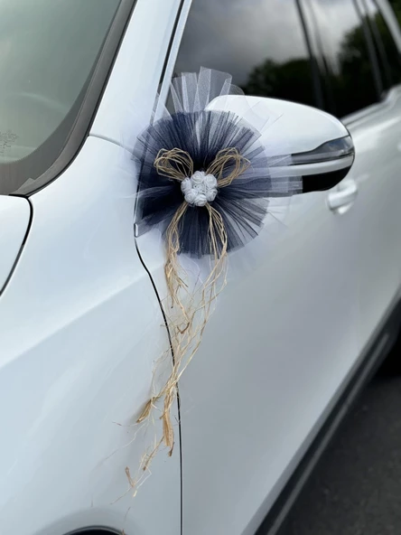 5 Adet Beyaz Siyah Kristal Tül Beyaz Latex Gül Doğal Rafya Detaylı Düğün Nikah Kına Sünnet Konvoy Süsü - 4