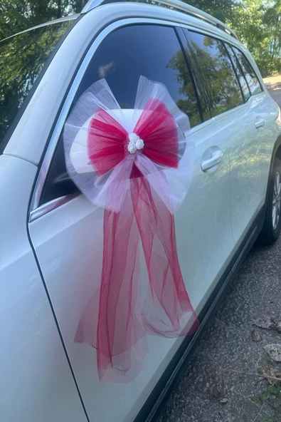 5 Adet Beyaz Kırmızı Kristal Tül Beyaz Latex Gül Kuyruk Detaylı Düğün Nikah Kına Sünnet Konvoy Süsü - 2