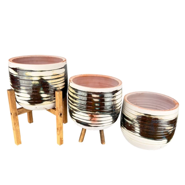 Bitki Tasarımı Yeşil Sırlı Terrakota Toprak Saksı Saksılık Salon Çiçeklik Üçlü Set- 19 CM - 6
